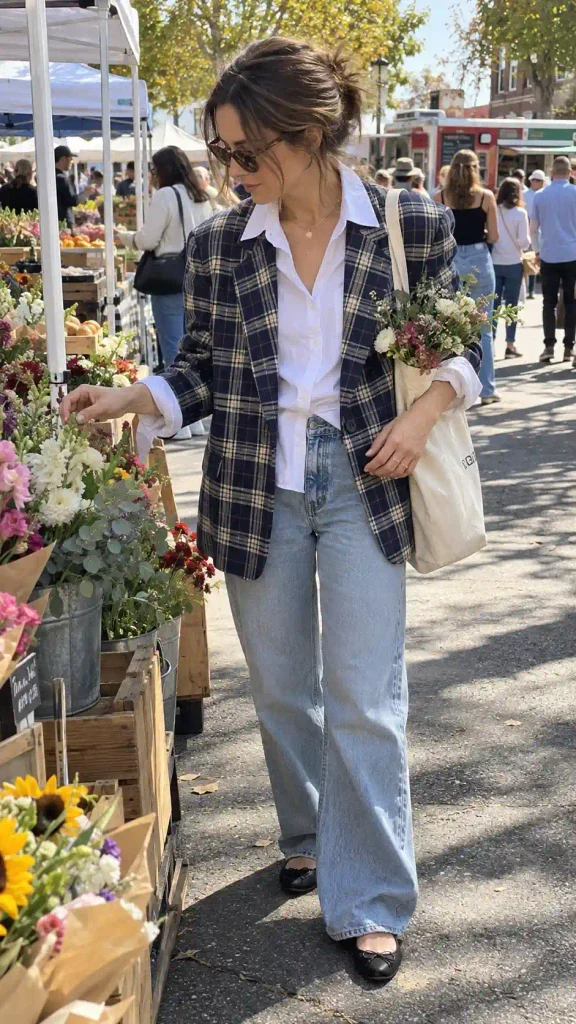 Navy plaid blazer over white shirt with light-wash baggy jeans