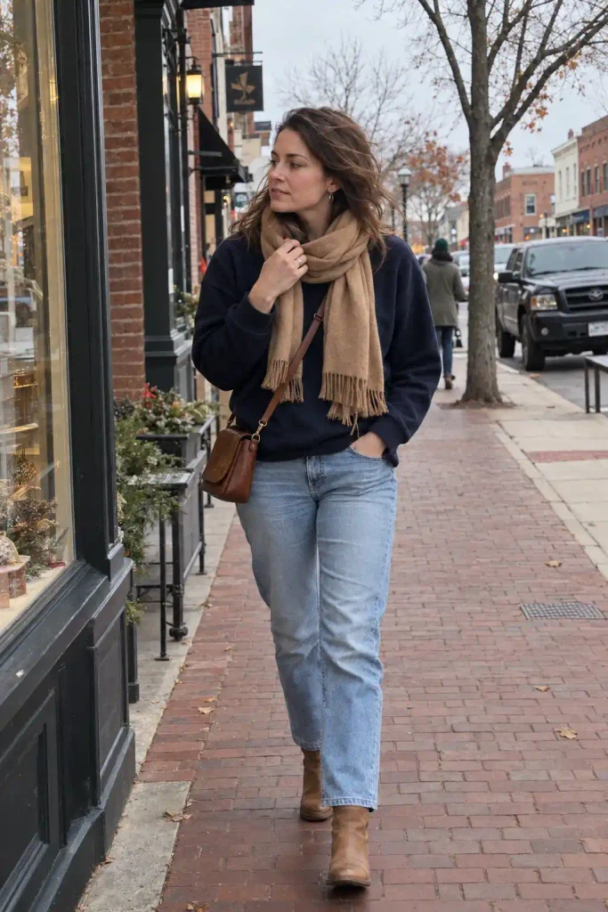 Navy sweatshirt with light-wash jeans