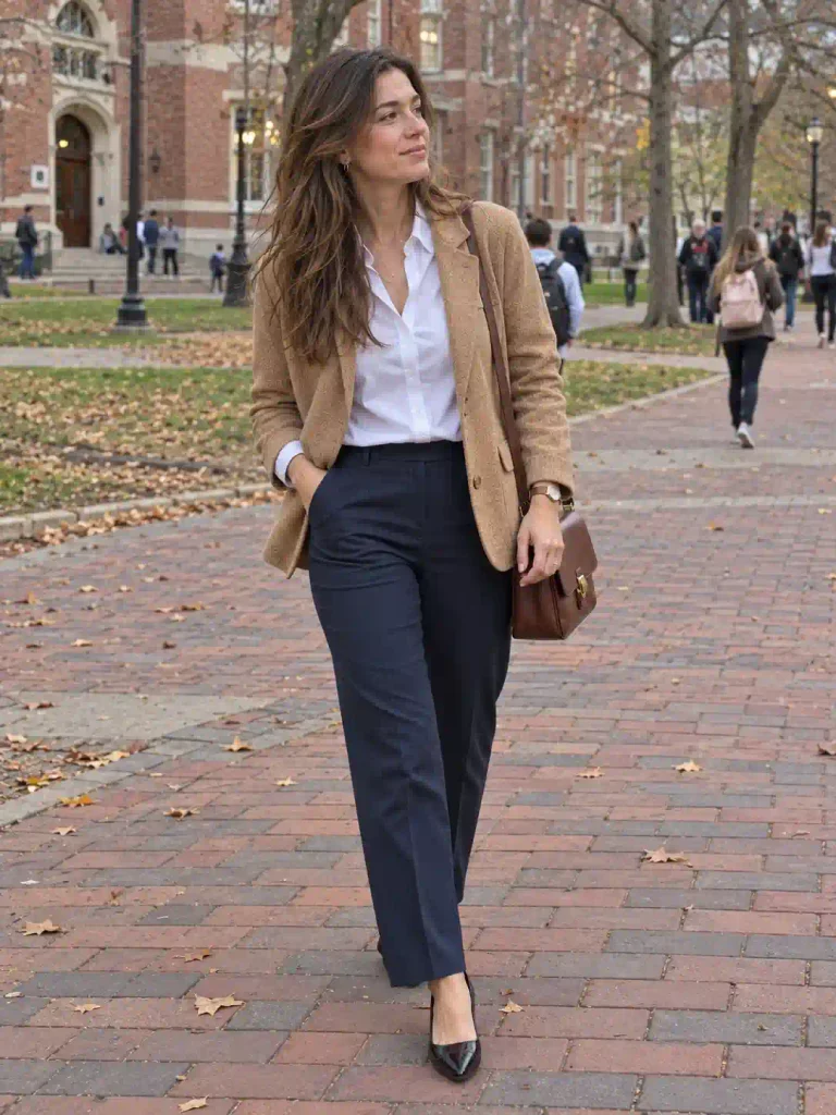 Navy tailored pants and pointed flats