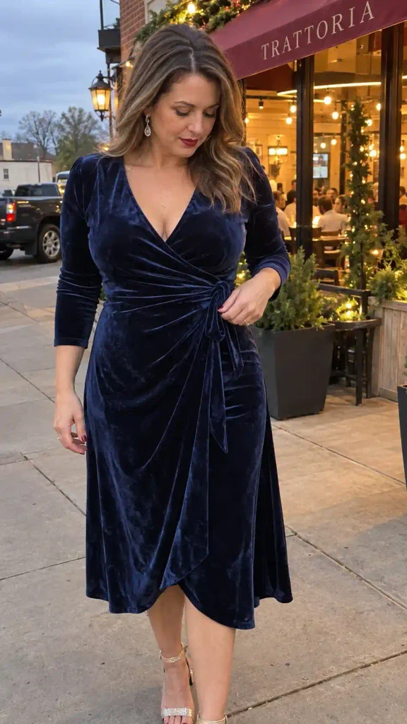 Navy velvet wrap dress