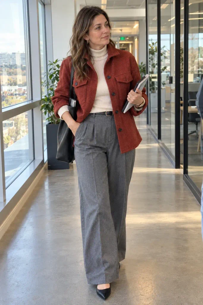 Neutral knits and wide-leg grey