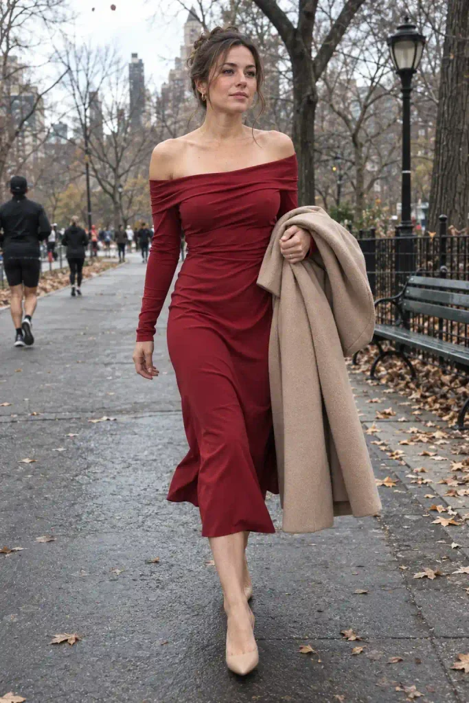 Off-the-shoulder midi in deep red