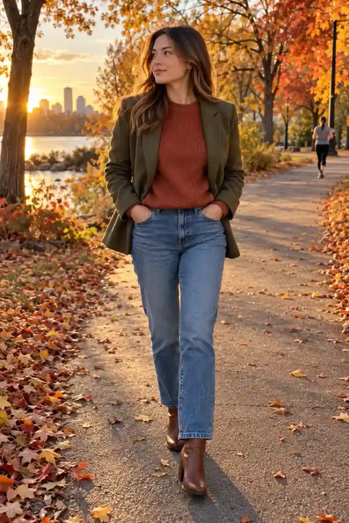Olive blazer with a rust sweater