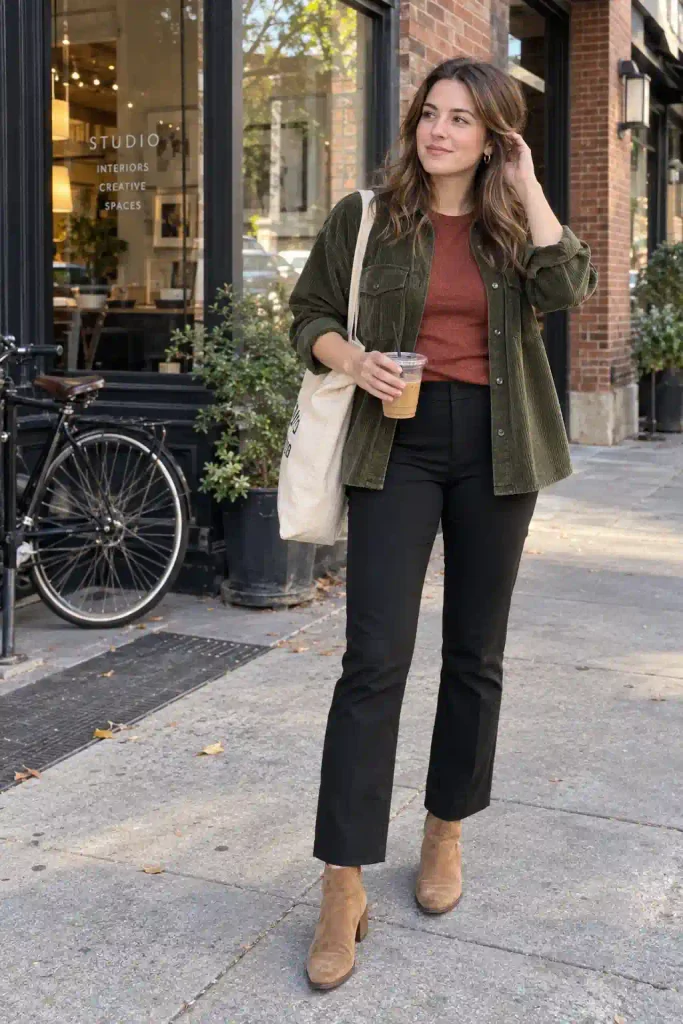  Olive corduroy shacket with rust knit tee and black trousers
