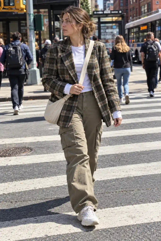 Olive plaid blazer with cargo trousers and chunky white sneakers