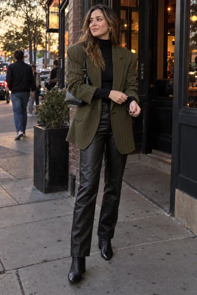 Olive striped blazer with black leather trousers and ankle boots