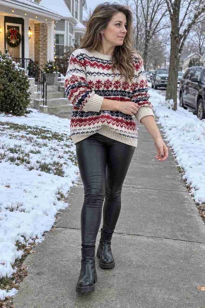 Oversized Fair Isle sweater with leather
