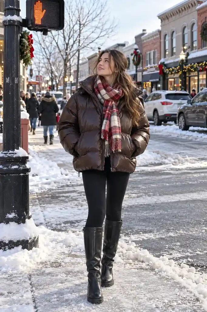 Oversized brown puffer with a plaid scarf