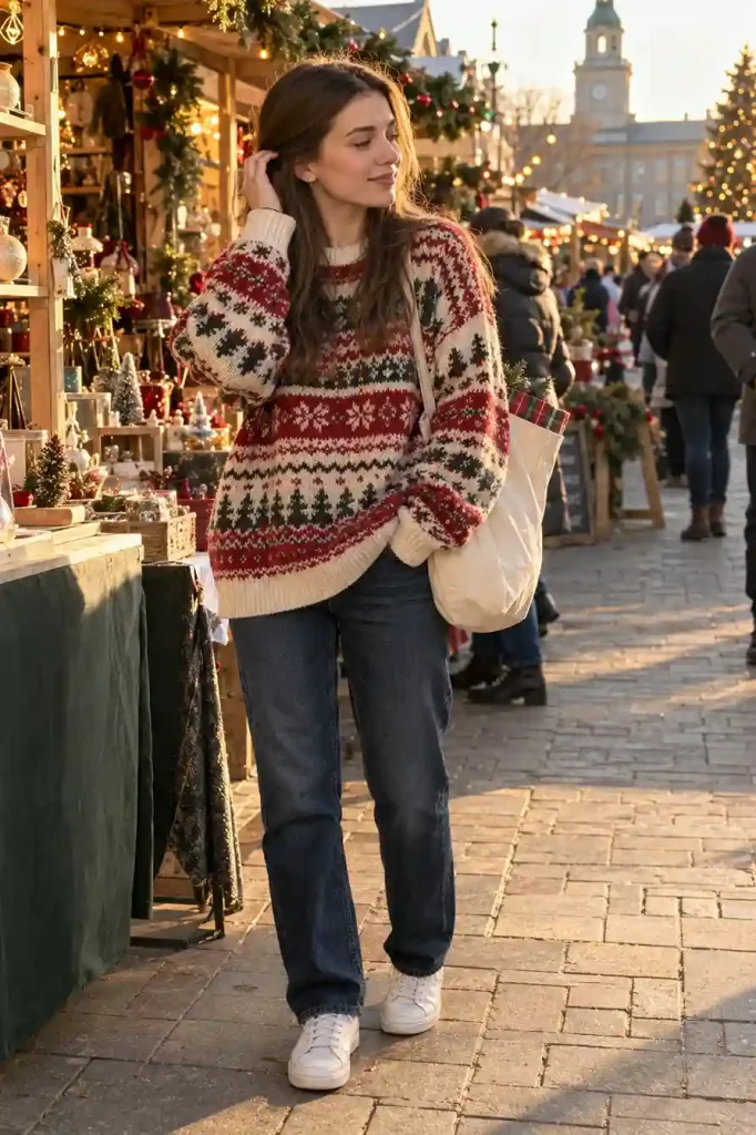 Oversized fair isle sweater with jeans