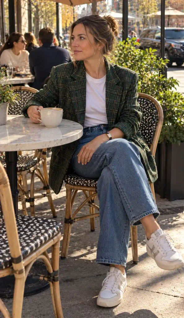 Oversized plaid blazer with jeans