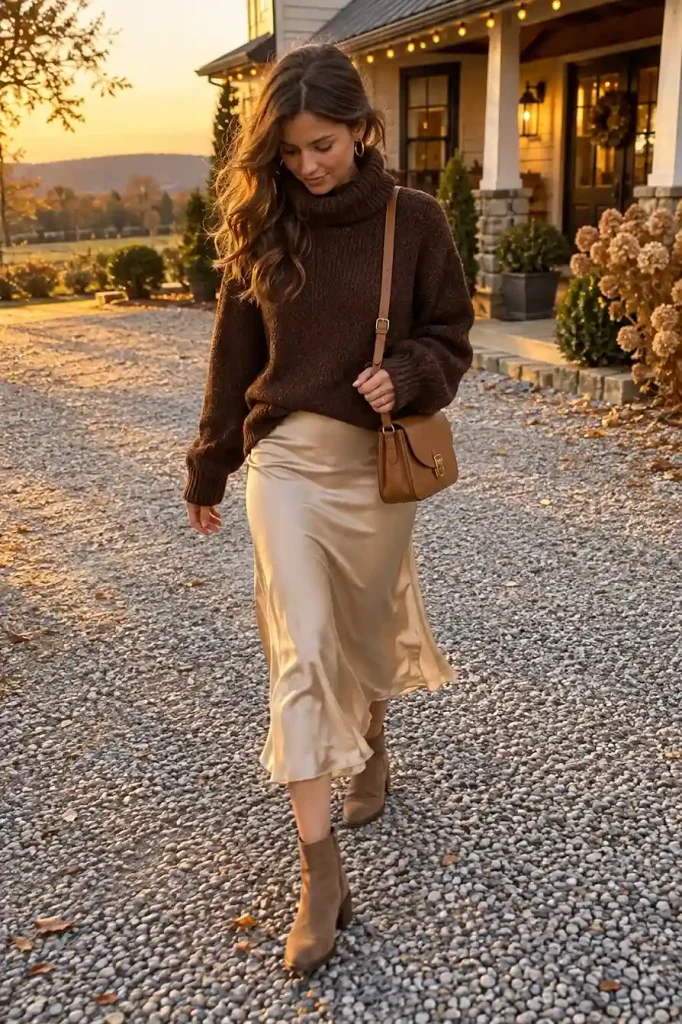 Oversized turtleneck with a satin midi skirt