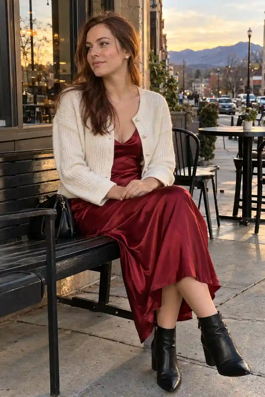 Pearl-button cardigan over a slip dress
