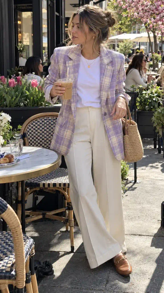 Lilac plaid blazer with cream trousers and tan mules