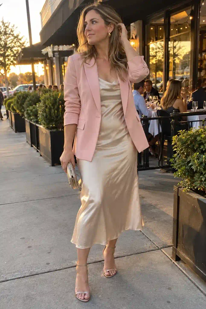 Pink blazer over a beige slip dress