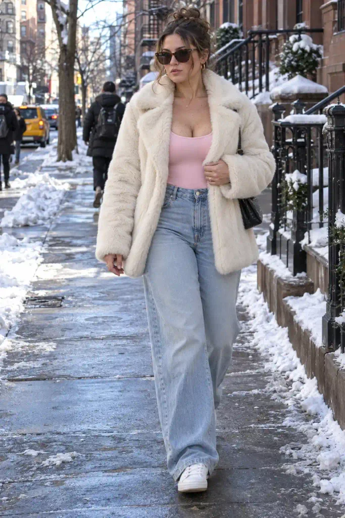 Pink bodysuit with a faux fur coat and wide jeans