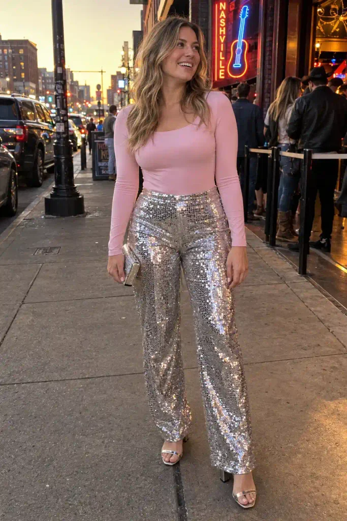 Pink bodysuit with sequin pants