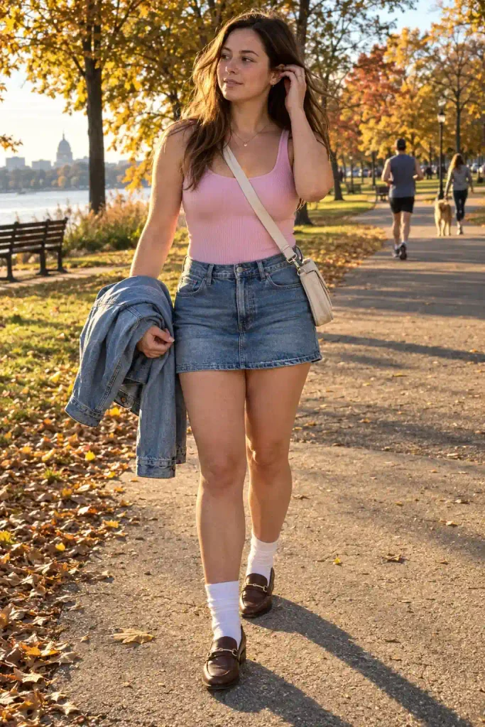 Pink bodysuit with straight-leg jeans