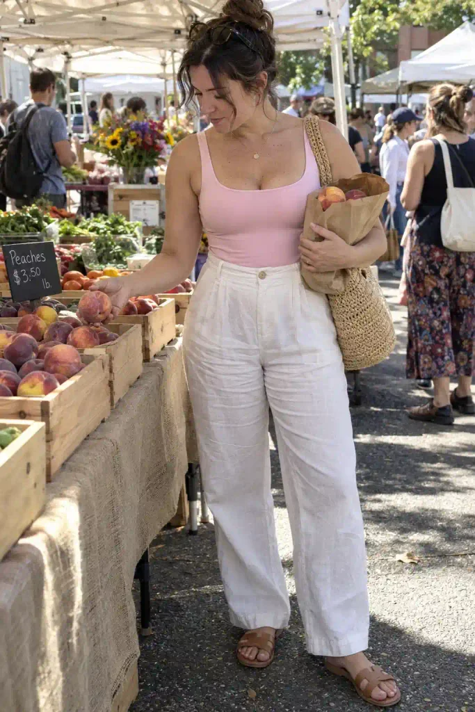Pink bodysuit with white linen trousers