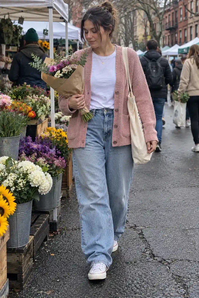 Pink cardigan with baggy light jeans