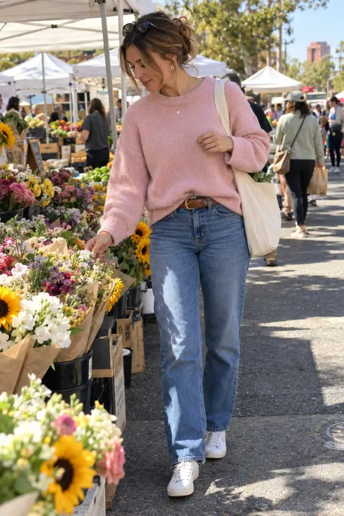 Pink jumper and straight-leg