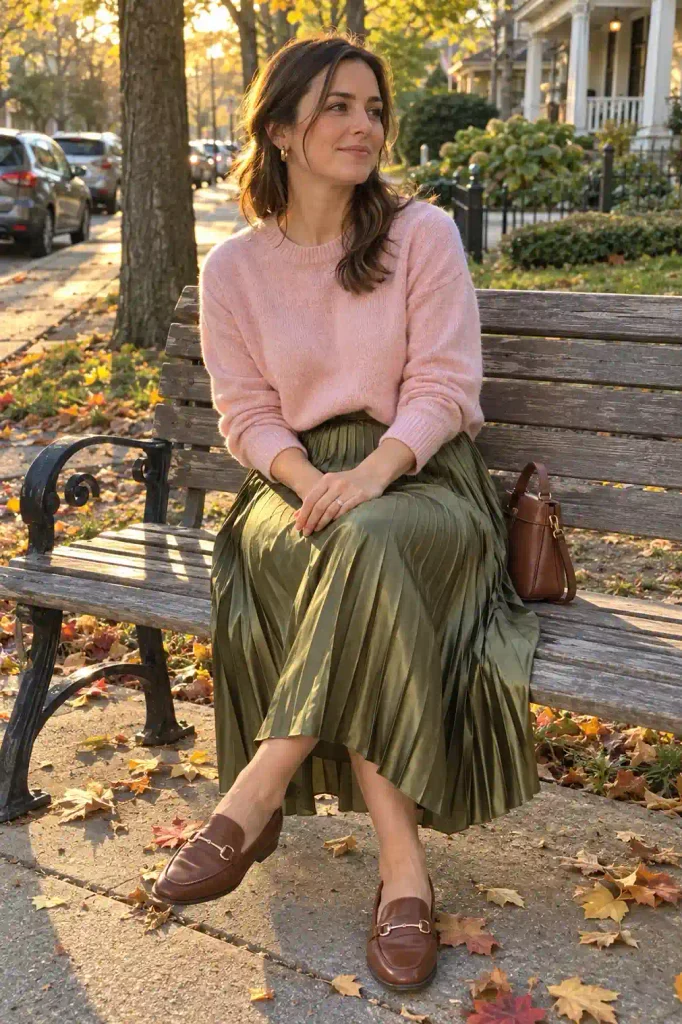 Pink jumper with a pleatedUnder a camel coat