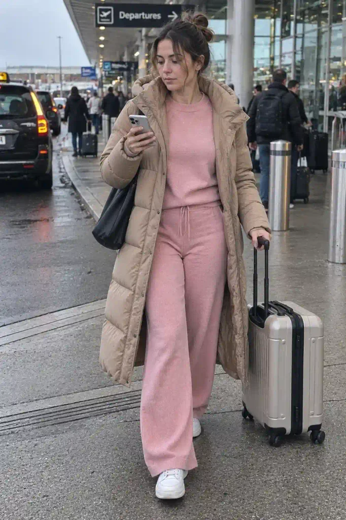  Pink knit set with a long tan puffer