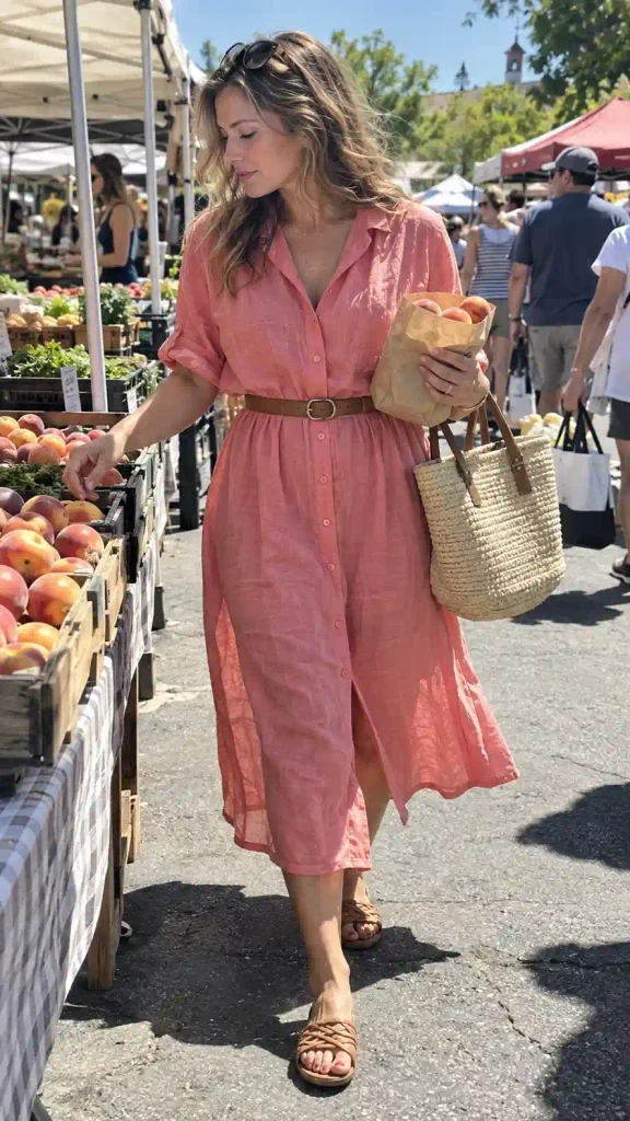 Pink linen shirt dress with