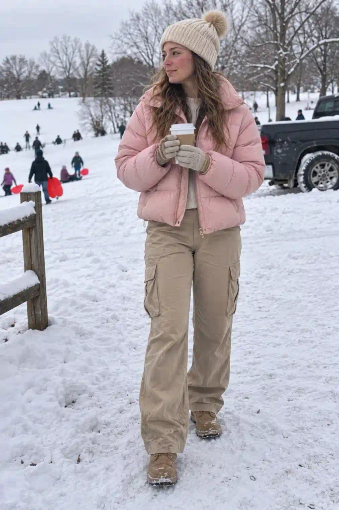 Pink puffer jacket with tan