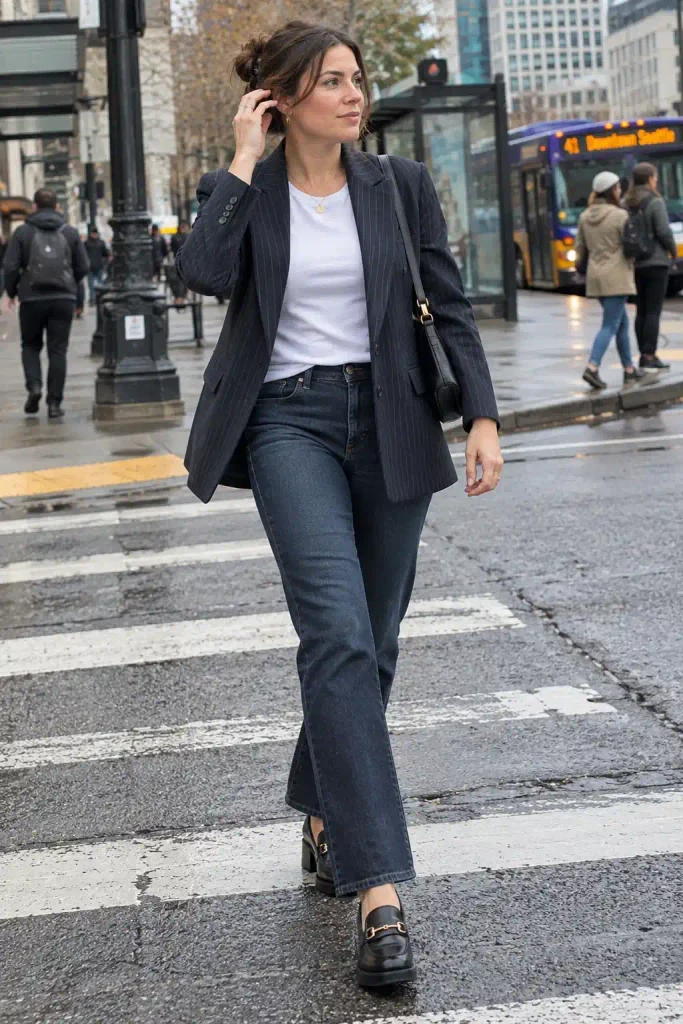 Pinstripe blazer with a plain white tee