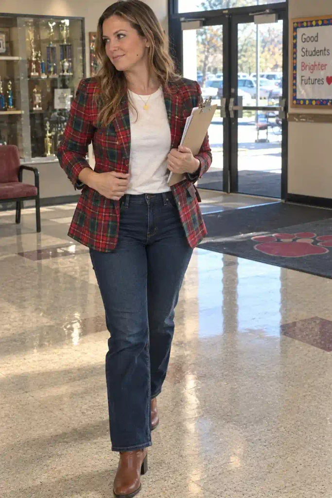 Plaid blazer over a white tee
