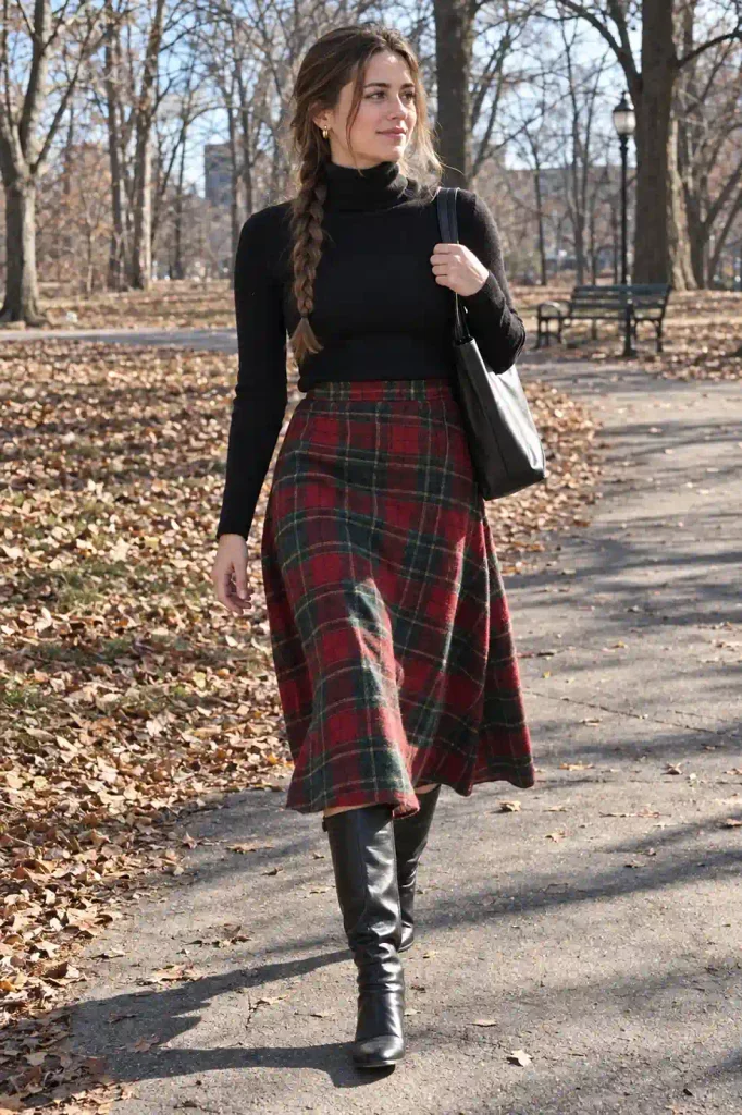 Plaid midi skirt with a turtleneck