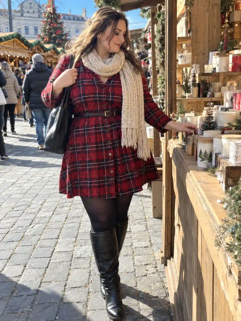Plaid shirt dress with tights