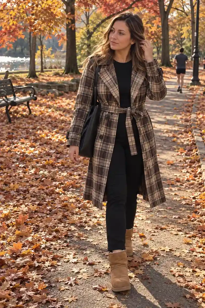 Plaid trench with a monochrome base
