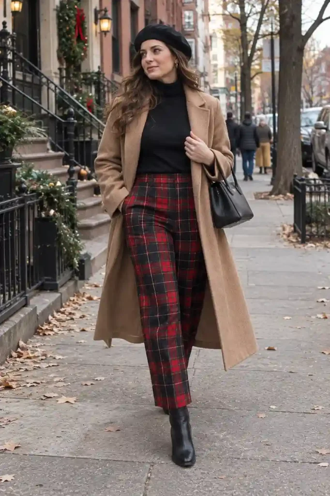 Plaid trousers with a black turtleneck