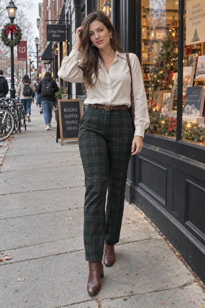 Plaid trousers with a silk blouse