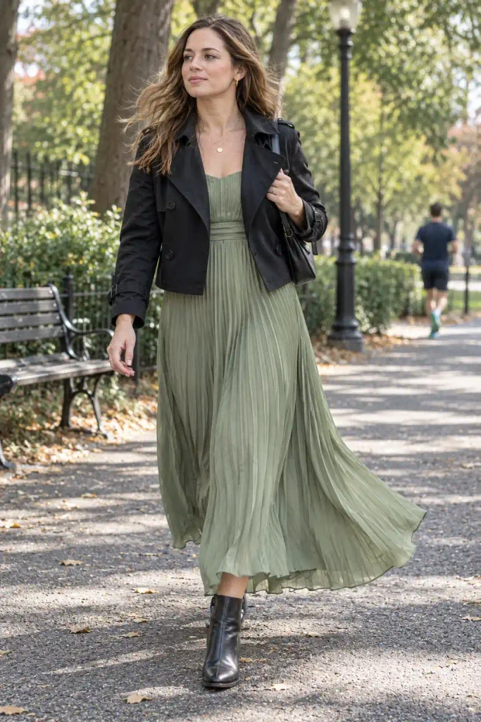 Pleated maxi with a short black trench