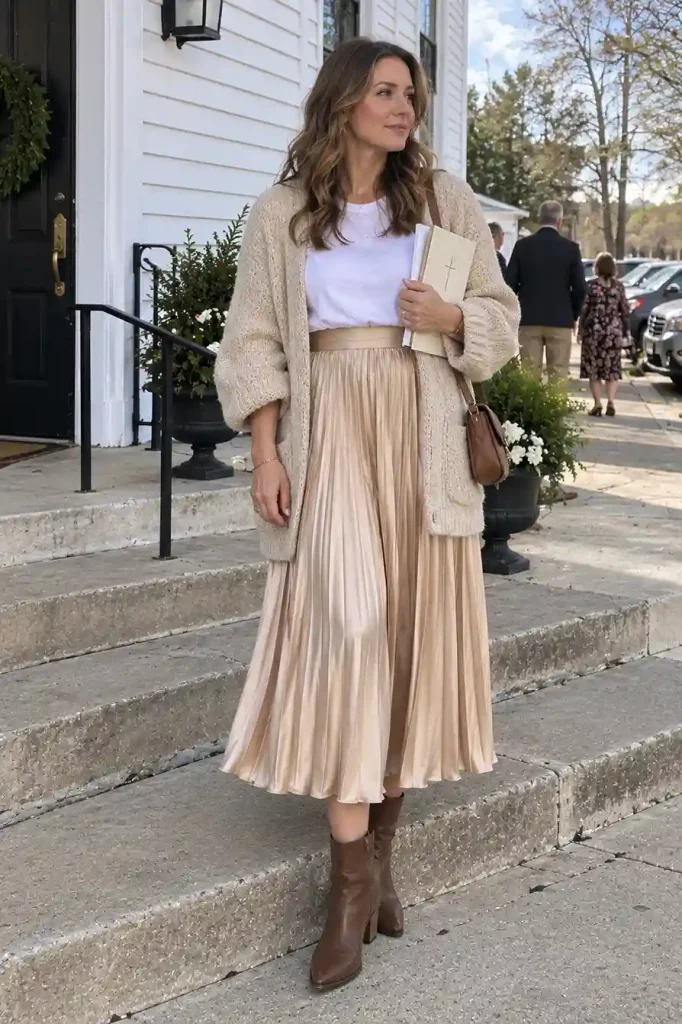 Pleated midi skirt with a chunky cardigan