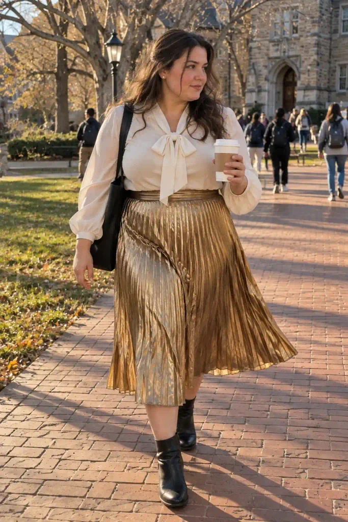 Pleated skirt with a bow blouse