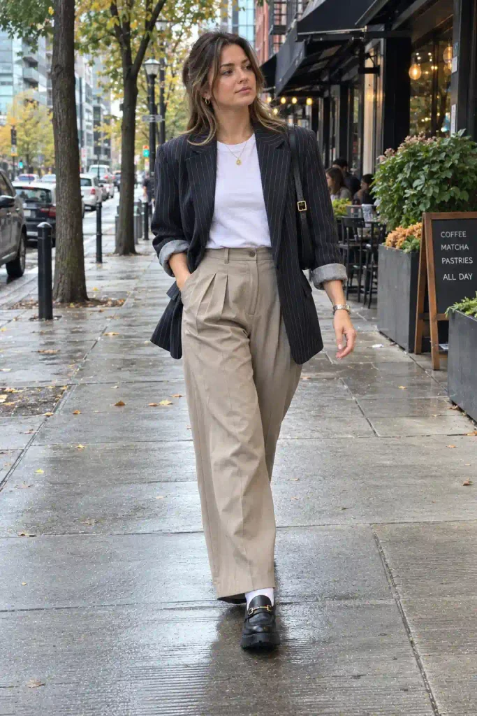 Pleated trousers and loafers