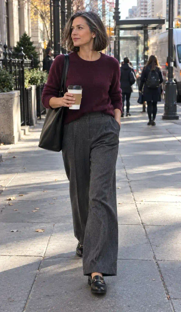 Plum knit with gray trousers