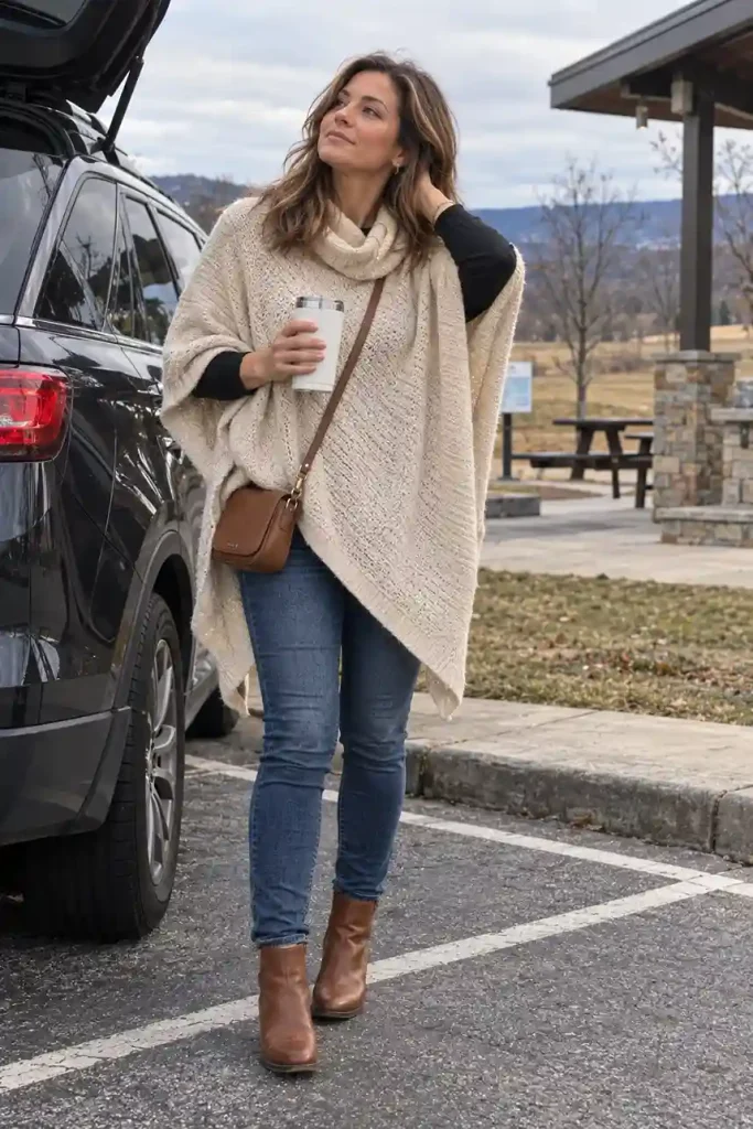 Poncho or cape with skinny jeans