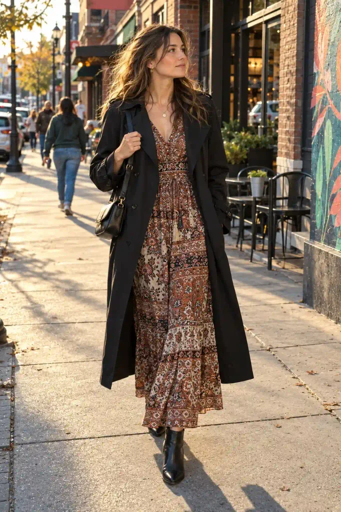 Printed boho maxi with a black trench