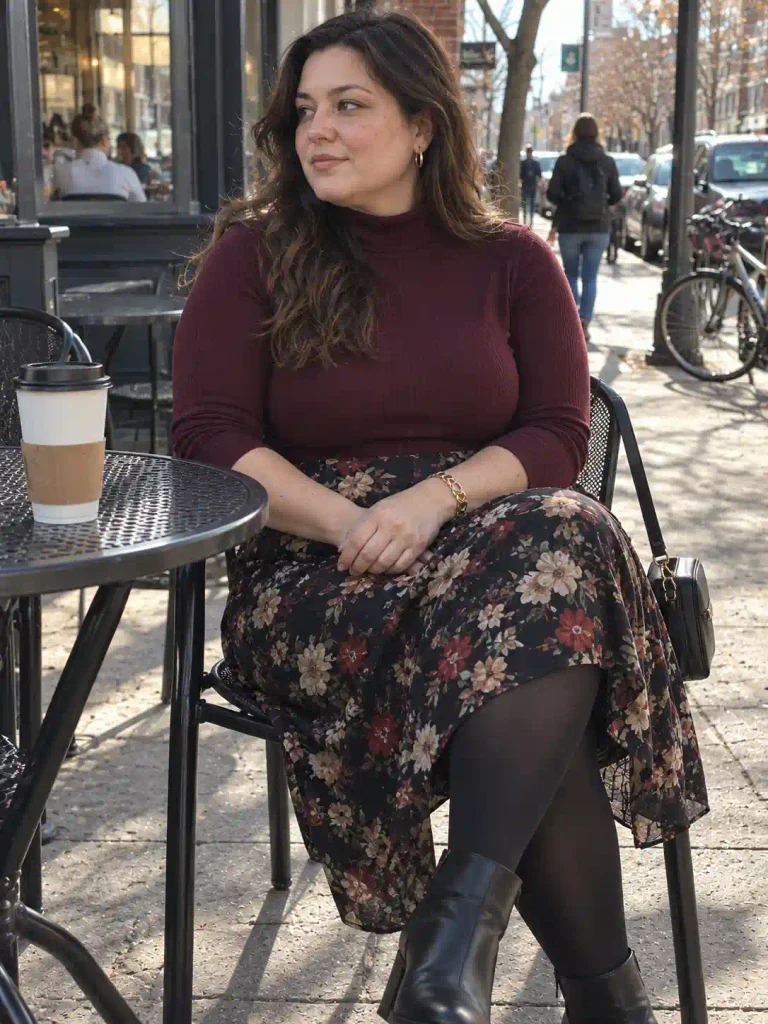 Printed skirt with a solid turtleneck