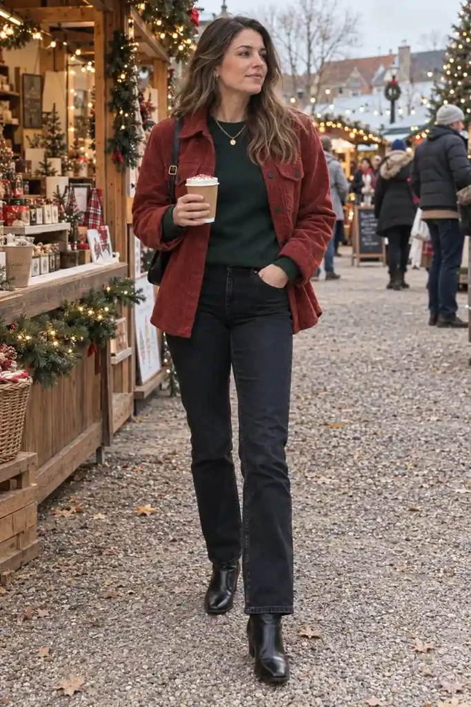 Brick red shacket over forest green knit with black jeans.