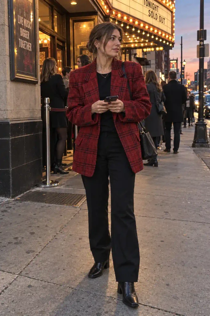 Red check blazer with all-black everything