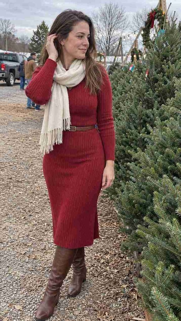 Red knit midi dress with tall boots