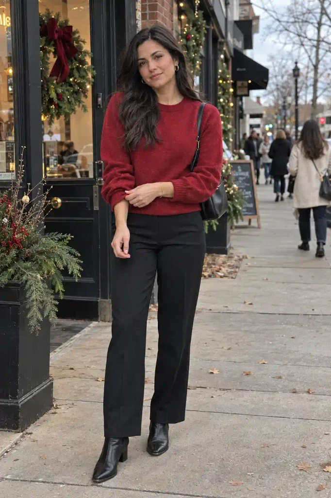 Red knit with black trousers