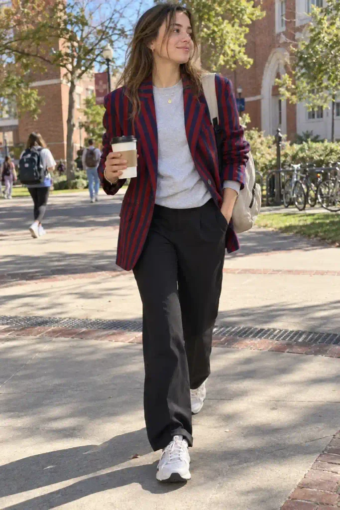 Red striped blazer over grey sweatshirt with black straight trousers