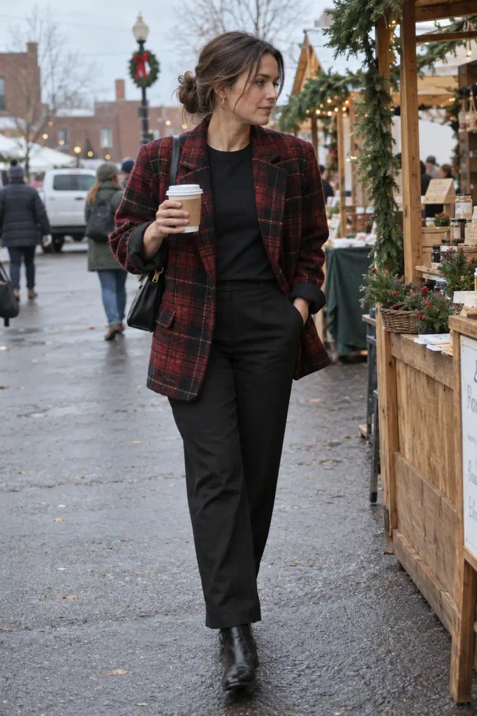 Red tartan oversized blazer worn with black tee and trousers