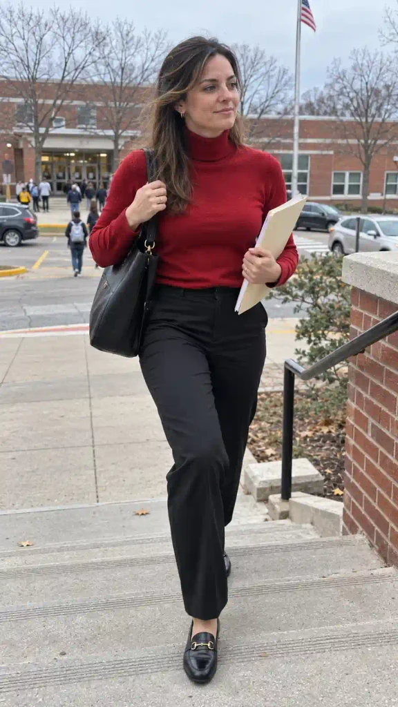 Red turtleneck with black trousers